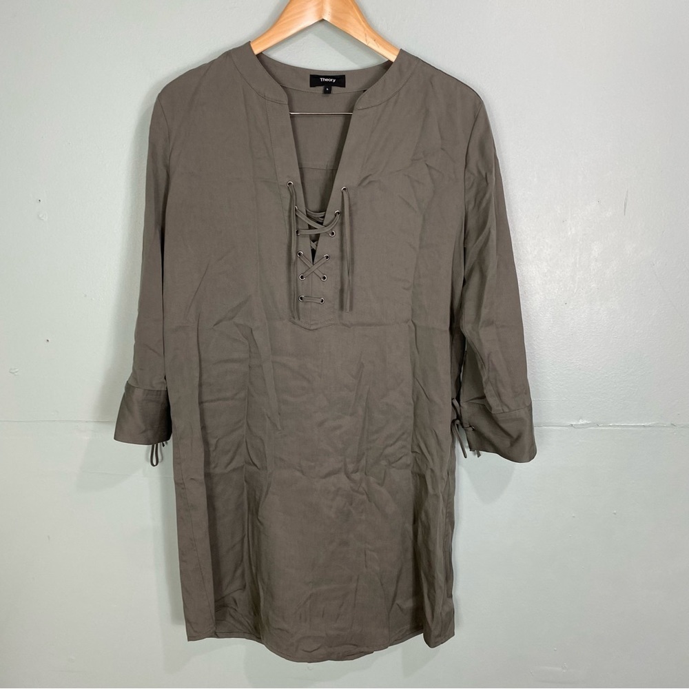 Theory Jullitah Dress Green‎ Long Sleeve Mini Lace Up Tencel Sz 6